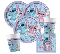 Procos Stitch & Angel, set da 36 pezzi, piatti di carta, bicchieri di carta, tovaglioli di compleanno per bambini