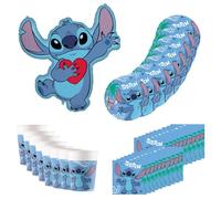 Procos Stoviglie per feste Disney Stitch, decorazione di compleanno pezzi che include 8 piatti, 8 bicchieri, 20 tovaglioli e un palloncino di carta stagnola, Blue, SET 1 (37-teilig), DY10183587