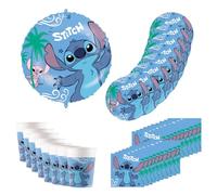 Procos Stoviglie per feste Disney Stitch, decorazione per compleanno pezzi, include 8 piatti, 8 bicchieri, 20 tovaglioli e un palloncino di carta stagnola, Blue, SET 5 (37-teilig), DY10183591