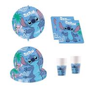 Procos Stoviglie per feste Disney Stitch, decorazione per compleanno pezzi, include 8 piatti, 8 bicchieri, 20 tovaglioli e un palloncino di carta stagnola, Blue, SET 5 (37-teilig), DY10183591