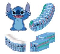 Procos Stoviglie per feste Disney Stitch, decorazione per compleanno pezzi, include 8 piatti, 8 bicchieri, 20 tovaglioli e un palloncino di carta stagnola, Blue, SET 3 (37-teilig), DY10183589