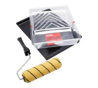 ProDec Set di 3 rulli per pittura in tessuto a pelo medio, telaio a gabbia, vassoio e 5 rivestimenti per vassoio per dipingere con pitture a emulsione e per muratura su pareti e soffitti interni