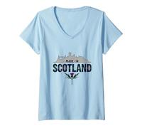 Prodotto in Scozia Tartan Skyline Thistle Pride Maglietta con Collo a V, Donna, Celeste, XXL
