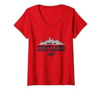 Prodotto in Scozia Tartan Skyline Thistle Pride Maglietta con Collo a V, Donna, Rosso, XXL