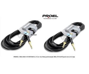 PROEL CHL140LU10 COPPIA 2 Cavi 10m professionale BILANCIATO jack stereo 6.3 mm