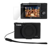 PROfezzion Custodia protettiva in silicone per Canon PowerShot SX740 hs, sottile, con pellicola protettiva in vetro e cinturino da polso, per fotocamera Canon PowerShot SX740, colore: nero