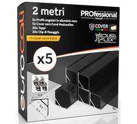 Profilo Alluminio Nero Angolare per Strisce LED con copertura Professionale Nera Made in Italy MedusaFlex CUBO in Policarbonato - Pacco da 5 (10m) 2000 x 15.8 x 15.8mm - Cover standard nera inclusa
