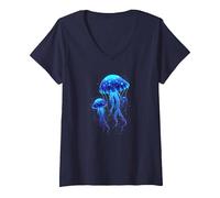 profondità Marine e Medusa incandescente Maglietta con Collo a V, Donna, Navy, L
