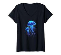 profondità Marine e Medusa incandescente Maglietta con Collo a V, Donna, Nero, XL