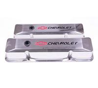 ProForm Coperchio valvola, pressofuso, alto, sbattuto, foro di sfiato, logo Chevrolet Bowtie da incasso, alluminio, lucido, piccolo blocco Chevy, coppia (141-108)