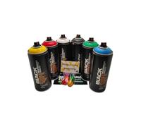PROGAL COLORS Montana Black - Set di 6 bombolette spray Wildstyle + 6 testine di ricambio, 6 bombolette Montana da 400 ml
