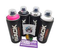 PROGAL COLORS Montana Black - Vernice spray per graffiti, 400 ml, 4 colori (bianco, nero, fucsia, cromo argento), include 3 ugelli di ricambio + 1 adesivo Montana Cans