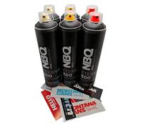 PROGAL COLORS NBQ ETERNAL - SIX BLACK PACK - (6 x NERO 600 ml + PEGATINE) NERO OPACO AD ALTA PRESSIONE E ASCIUGATURA ULTARAPIDO BOMBING GRAFFITI PERFETTO PER MANUALITÀ E DECORAZIONE
