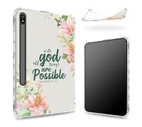 Progettata per Samsung Galaxy Tab S8 Plus 2022/S7 FE 2021/S7 Plus 2020 12,4" Custodia con portapenne, retro trasparente con fiore Matthew 19:26, custodia sottile e morbida in TPU antiurto
