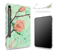 Progettata per Samsung Galaxy Tab S9 FE 5G 11,9" 2023 Custodia con portapenne, retro trasparente con fiori artistici disegnati a mano, cover paraurti sottile in morbido TPU antiurto
