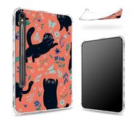 Progettata per Samsung Galaxy Tab S9 FE 5G 11,9" 2023 Custodia con portapenne, retro trasparente con fiori di gatto nero, cover paraurti sottile in morbido TPU antiurto