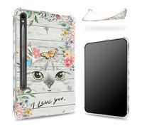 Progettata per Samsung Galaxy Tab S9 FE 5G 11,9" 2023 Custodia con portapenne, retro trasparente con fiori di gatto, cover paraurti sottile in morbido TPU antiurto