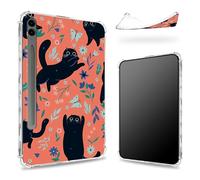 Progettata per Samsung Galaxy Tab S9 FE Plus 5G 12.4" 2023 Custodia con portapenne, retro trasparente con fiori di gatto nero, cover paraurti sottile in morbido TPU antiurto