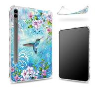 Progettata per Samsung Galaxy Tab S9 FE Plus 5G 12.4" 2023 Custodia con portapenne, retro trasparente con colibrì e fiori, cover paraurti sottile in morbido TPU antiurto