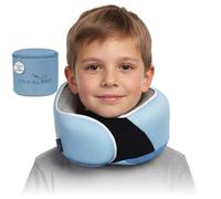 Proglobe Junior, cuscino ergonomico in memory foam per il collo da viaggio per bambini - Cuscino per aereo, auto, seggiolino booster - Morbido, lavabile, compatto con cinturino - Blu chiaro - Età