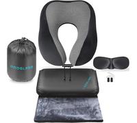Proglobe Set Coperta da Viaggio 4 in 1 con Cuscino Cervicale, Nero | Pile super morbido, cuscino in memory foam, maschera per il sonno 3D premium e tappi per le orecchie.