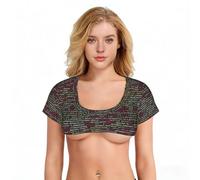 Programmatore Codice di programmazione stampato sexy manica corta Mini Tee, Top corto da donna con scollo a U profondo, top elastico per feste Clubwear, Nero , Taglia unica