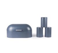 Progress Mellow Set di 4 contenitori per cucina - Portapane e barattoli per tè, caffè, zucchero, finitura blu verniciata a polvere, scritte in rilievo, set da piano lavoro