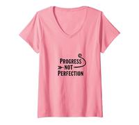 Progress Not Perfection Motivational Growth Mindset Citazione Maglietta con Collo a V, Donna, Rosa, M