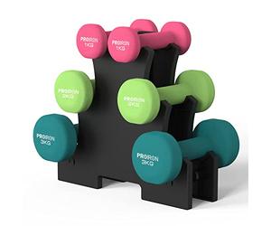 Proiron - Set di manubri da donna con supporto, 12 kg (1 kg, 2 kg, 3 kg per coppia), set di pesi in neoprene per tonificare il corpo, cardio, bodybuilding, in palestra e a casa