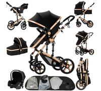 Prokoke Passeggino Trio, Trio Passeggino Neonati con Due Modi Reversibili per Spingere, Passeggini 3 in 1 con Una Lega di Alluminio a Cornice, Tris con Design Pieghevole in Un Clic (black gold 588)