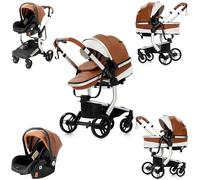 Prokoke Pelle PU Passeggino Trio, Passeggino 3 in 1 con Design Pieghevole in Un Clic, Trio Passeggino Neonati con Due Modi Reversibili per Spingere, Trio con Lega di Alluminio a Cornice (Khaki 518)