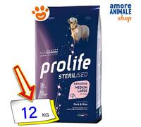 12 kg Prolife Sterilise Sensitive Alimento Cibo Crocchette Croccantini per Cani Adulti di Taglia Media e Large con Maiale Fresco e Riso No Gluten