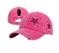 ProMindFun Cappelli da baseball da donna a coda di cavallo ad alta disordinazione cappelli da baseball non costruiti lavati cappello papà ragazze camionista ponycaps, 0001-star Tessuto Solido Rosa, 56