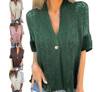 Promisedo Hollow V-Neck Single Button Loose Short Sleeves Crochet Cardigan Donna Lightweight Summer Open Front Sweater, verde, S