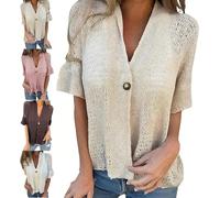 Promisedo Hollow V-Neck Single Button Loose Short Sleeves Crochet Cardigan Donna Lightweight Summer Open Front Sweater, arancione, L