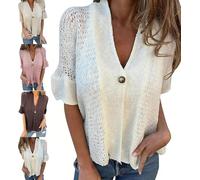 Promisedo Hollow V-Neck Single Button Loose Short Sleeves Crochet Cardigan Donna Lightweight Summer Open Front Sweater, bianco, XXL