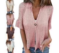 Promisedo Hollow V-Neck Single Button Loose Short Sleeves Crochet Cardigan Donna Lightweight Summer Open Front Sweater, Colore: rosa., XXL