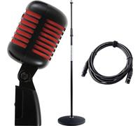 Pronomic DM-66BK/RD Microfono dinamico vocale Set - Vintage microfonico vocale retrò - Set economico con asta microfonica e cavo XLR - Nero/rosso