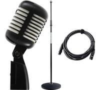 Pronomic DM-66BK/WH Microfono dinamico vocale Set - Vintage microfonico vocale retrò - Set economico con asta microfonica e cavo XLR - Nero/bianco