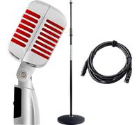 Pronomic DM-66R Microfono dinamico vocale Set - Vintage microfonico vocale retrò - Set economico con asta microfonica e cavo XLR - Argento/rosso