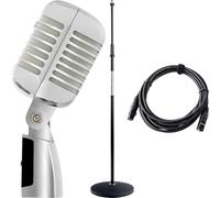 Pronomic DM-66S Microfono dinamico vocale Set - Vintage microfonico vocale retrò - Set economico con asta microfonica e cavo XLR - Argento/bianco