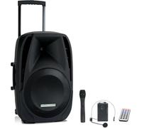 Pronomic PH15AW Cassa Attiva 15" 100W RMS, 5h autonomia, Bluetooth, MP3/SD/USB, set mobile compatto con trolley, microfono wireless, headset e telecomando inclusi.