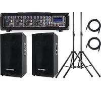 Pronomic PM42-Party StagePower Set (il potente set party con un compatto mixer amplificato a 4 canali con lettore MP3, 2 casse da 12" con 600W, 2 supporti in acciaio abbinati e cavi per casse)