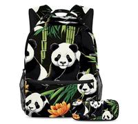 Pronto per qualsiasi avventura, set di 2 zaini per bambini con zaino e astuccio, borsa da viaggio di grande capacità per ragazzi, ragazze e adolescenti, simpatico panda in stile cartone animato,