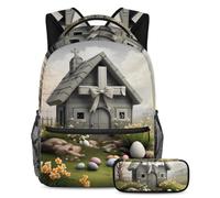 Pronto per qualsiasi avventura, set di 2 zaini per bambini con zaino e astuccio, borsa da viaggio di grande capacità per ragazzi, ragazze e adolescenti, casa grigia con croce pasquale, Multicolore,