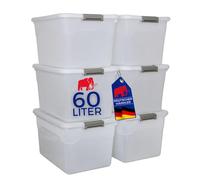 PROREGAL Scatola portaoggetti con coperchio 60L in set da 6, extra large, ruote, di plastica trasparente impilabile, clip di chiusura per, contenitore per cucina e casa