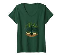 Prosperare Non sopravvivere: Albero della Vita ispiratore Maglietta con Collo a V, Donna, Verde Foresta, L
