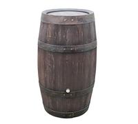 Serbatoio acqua piovana rotondo Barrique 250 litri di colore marrone, in materiale resistente ai raggi UV e alle intemperie, con coperchio a prova di bambino e filettatura in ottone di alta qualità