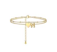 PROSTEEL A-Z Cavigliera a Doppio Strato Cavigliere Oro Cuore Iniziale Alfabeto Braccialetto Donna Resistente al Sudore e alla Corrosione 22+5 CM Cavigliere Ragazza