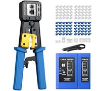 Proster Kit di Strumenti a Crimpare RJ45 Strumento a Crimpare Passante RJ45 per Cavo di Rete CAT5 CAT5e CAT6 8P e Cavi Telefonici RJ11 RJ12 6P con Tester 50pz Connettori CAT6 e Coperture Protettive